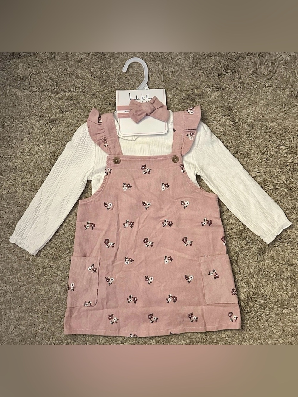 Nicole Miller NY Baby Girl 24M Mauve Pinafore Overall Dress w/ Bodysuit Set NWT